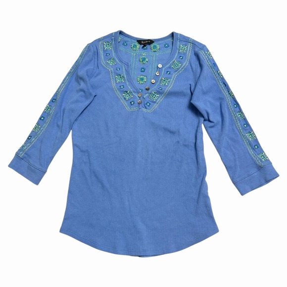Alp N Rock Tops - ALP-n-Rock Genevieve Henley Sundance Blue 3/4 Sleeve Embroidered Shirt XS
